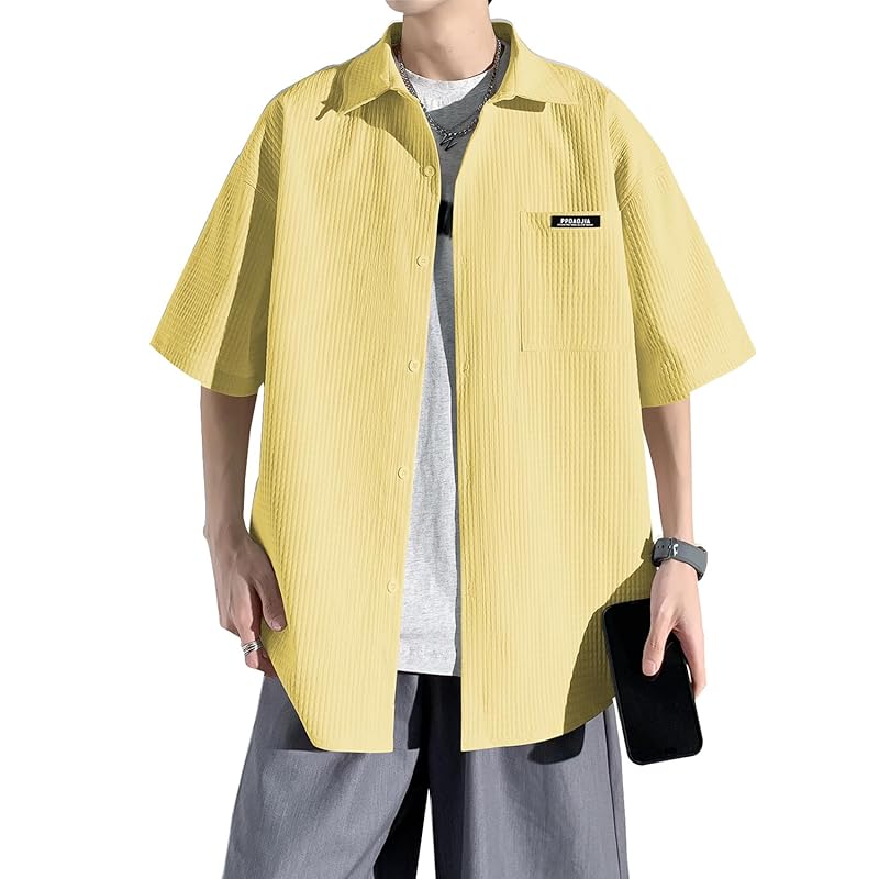 

[FUZHIHUA] shirt men s summer clothes short sleeve shirt Plain color large size fashionable polo neck comfortable light oversized shirt South Korea