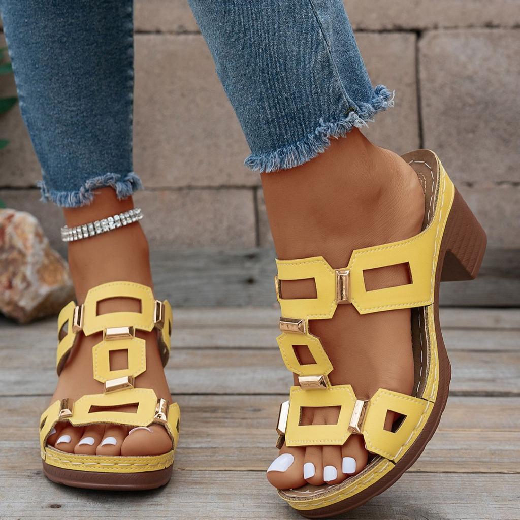Sandalias con tacón de bloque para mujer, elegantes tacones sin cordones para salir y uso informal en verano