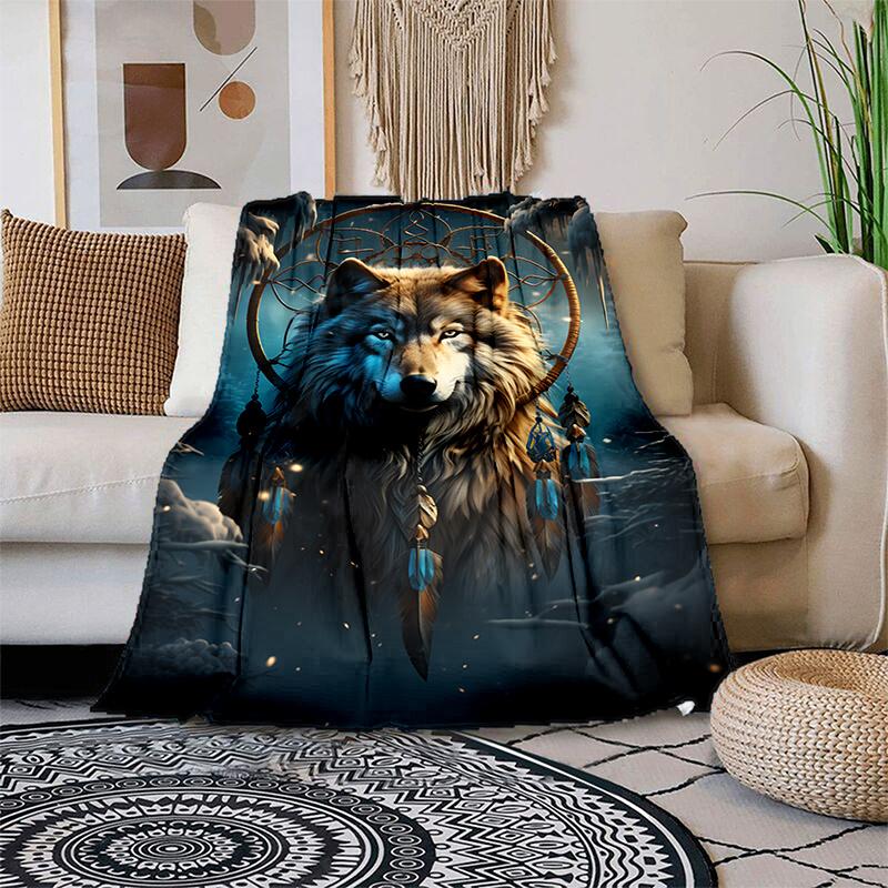 Wolf Dreamcatcher Fleece Blanket  Bohemian Flannel Throw For Sofa/Bed,Native American Style Gift,Soft & Warm Digital Print Decor