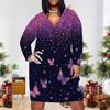 Women Plus Size V Neck Long Sleeve Butterfly Printed Fitted Straight Dress