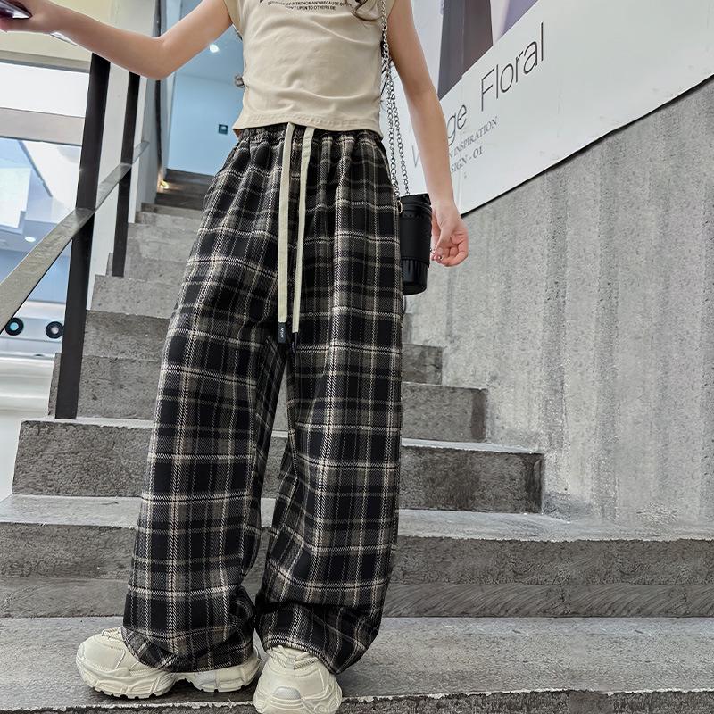 

Модные клетчатые широкие спортивные штаны для девочек на весну и осень 2025 года - Повседневный стиль для детей среднего и старшего возраста 160 cm чёрный