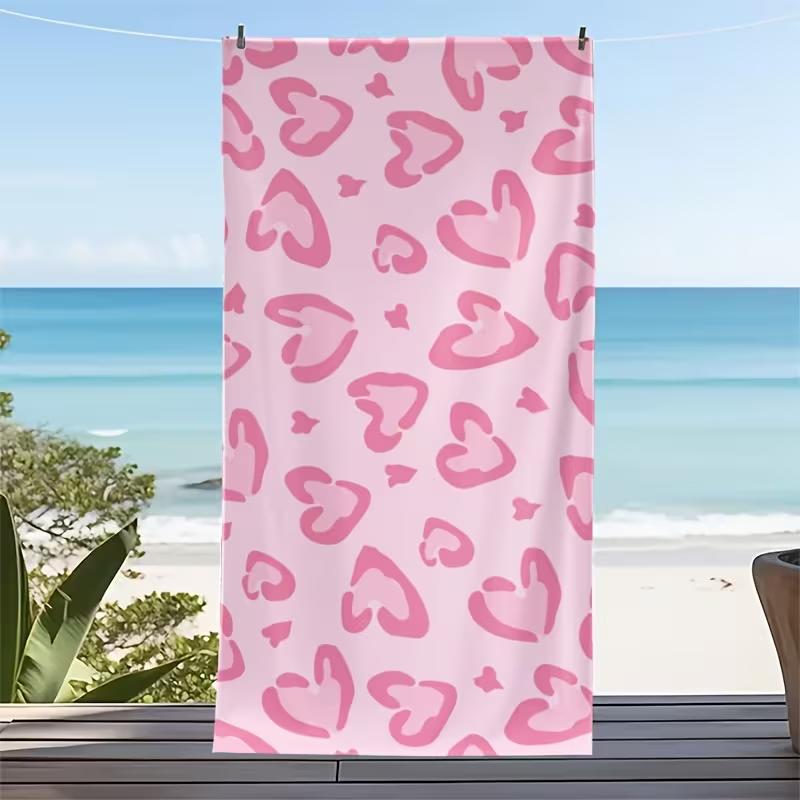 Cute Pink Planet Heart Print Beach Towel Checkered Border Quick Dry Soft Absorbent Sand Free Towel for Girls Summer Pool Travel