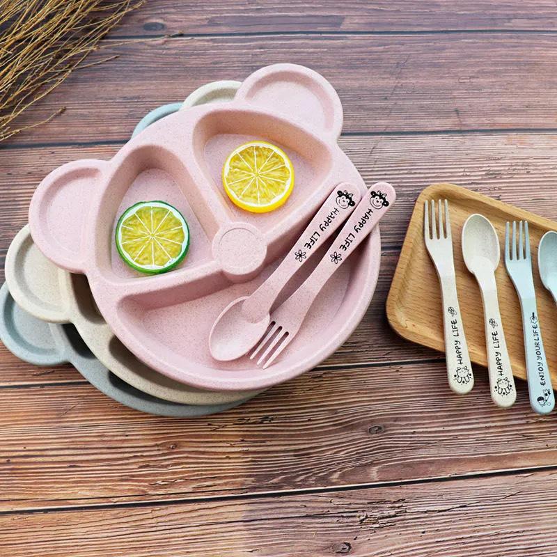 Wheat Bear Kids Dinner Set: Creative Compartment Plate, Breakfast Plate, Fork & Spoon for Babies