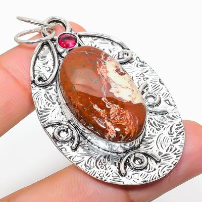 Gemma di Diaspro Foglia d'Argento, Rubellite Gioiello Pendente in Argento Sterling 925 2,48" B2U69