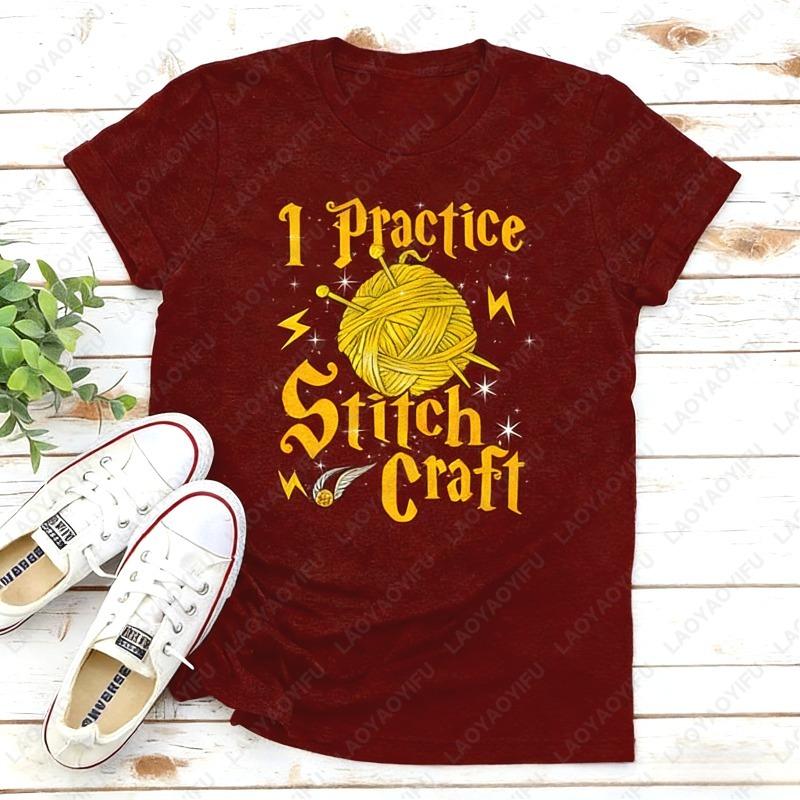 I Practice Stitch Craft Creative Trend Casual Style Oneck Printed Tops Funny Knitting Lover Unisex Adult Cotton Shirt Women Tee