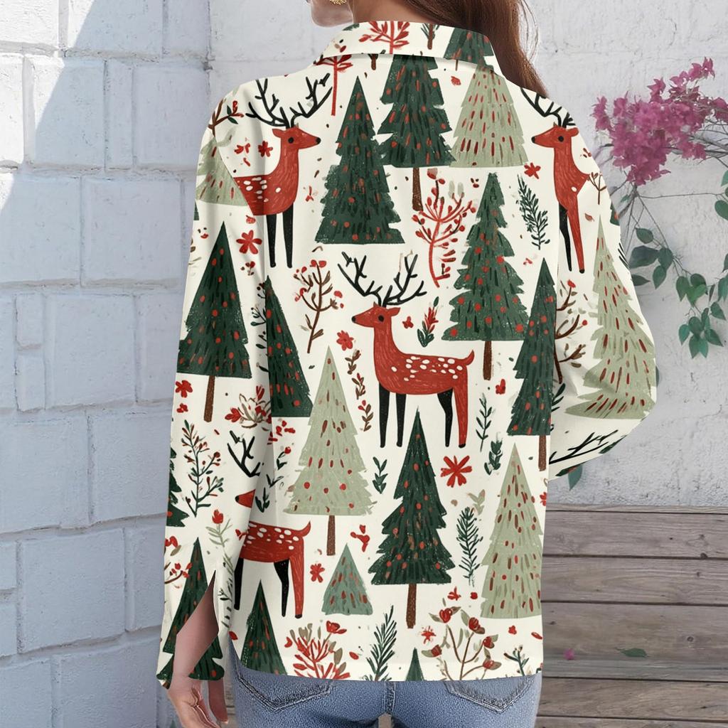 Women's Casual Christmas Print Long Sleeve Cardigan Top for Holiday Festive Wear