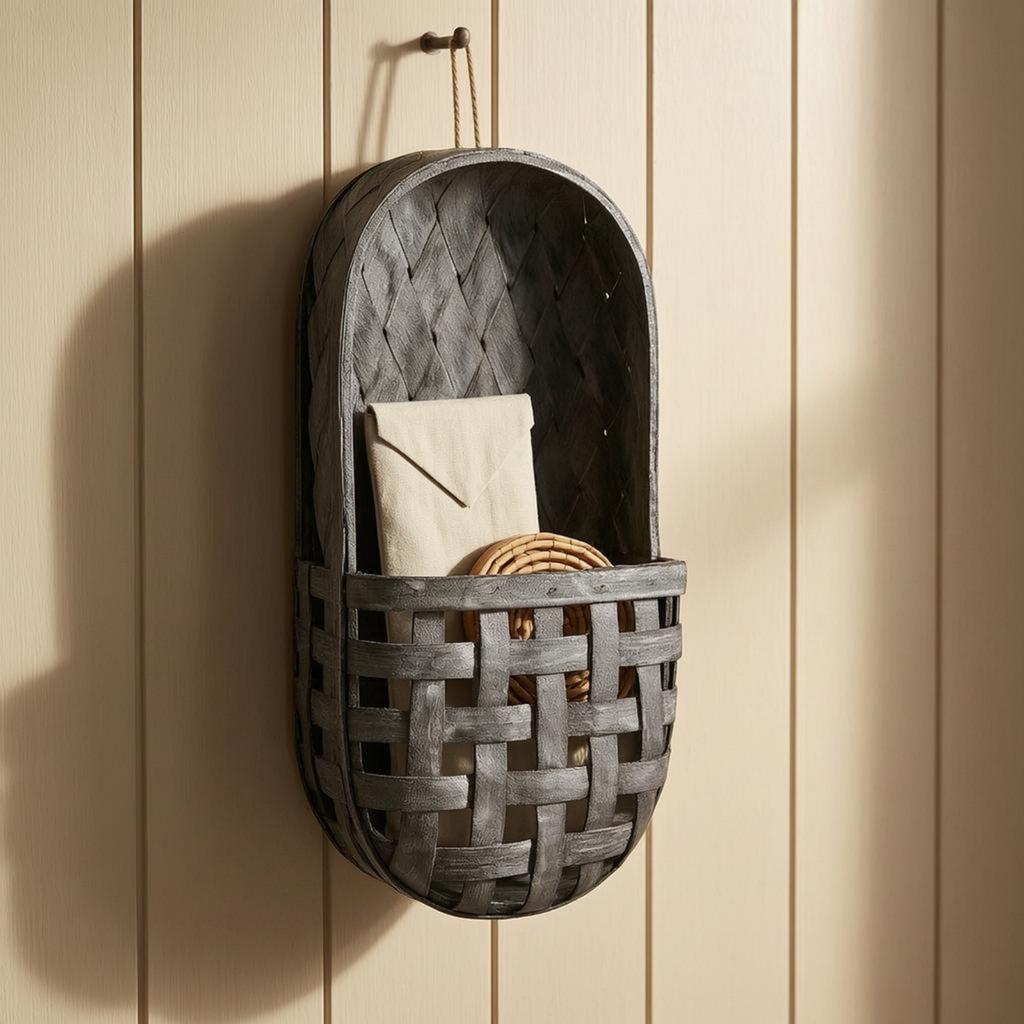 Woven Wood Basket Arched Top Wooden Wall Basket Home Storage Shallow Profile Rustic