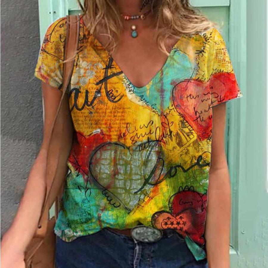 Tričko se vzorem lásky pro páry Letní ležérní volný sportovní styl 3D potisk Krátký rukáv Výstřih do V