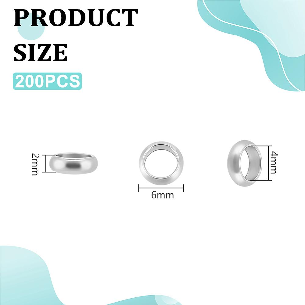 200Pcs Ring 304 Stainless Steel Spacer Beads, Metal Findings for Jewelry Making Supplies, Stainless Steel Color, 6x2mm, Hole: 4mm