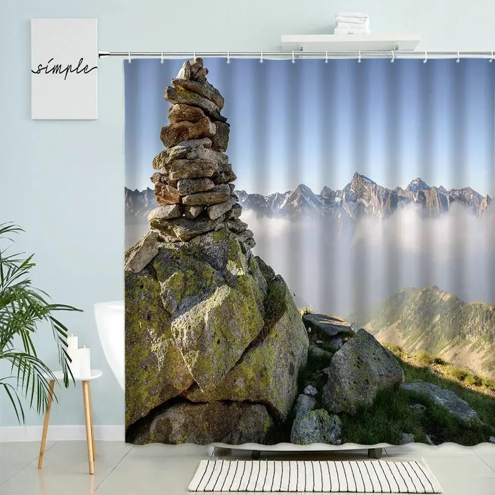 Zen Landscape Shower Curtain Natural Scenery Bathroom Decor Stone Rock Waterfall Beach Boho Polyester Screen With Hooks Washable