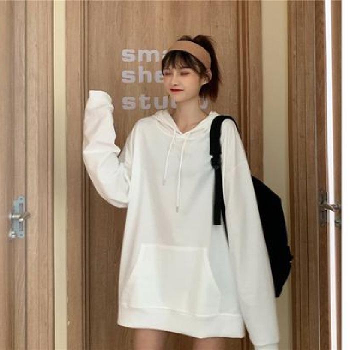 Plus Size Solid Color Korean Style Hooded Sweatshirt - Loose Mid-Length Pocket Jacket for Autumn/Winter