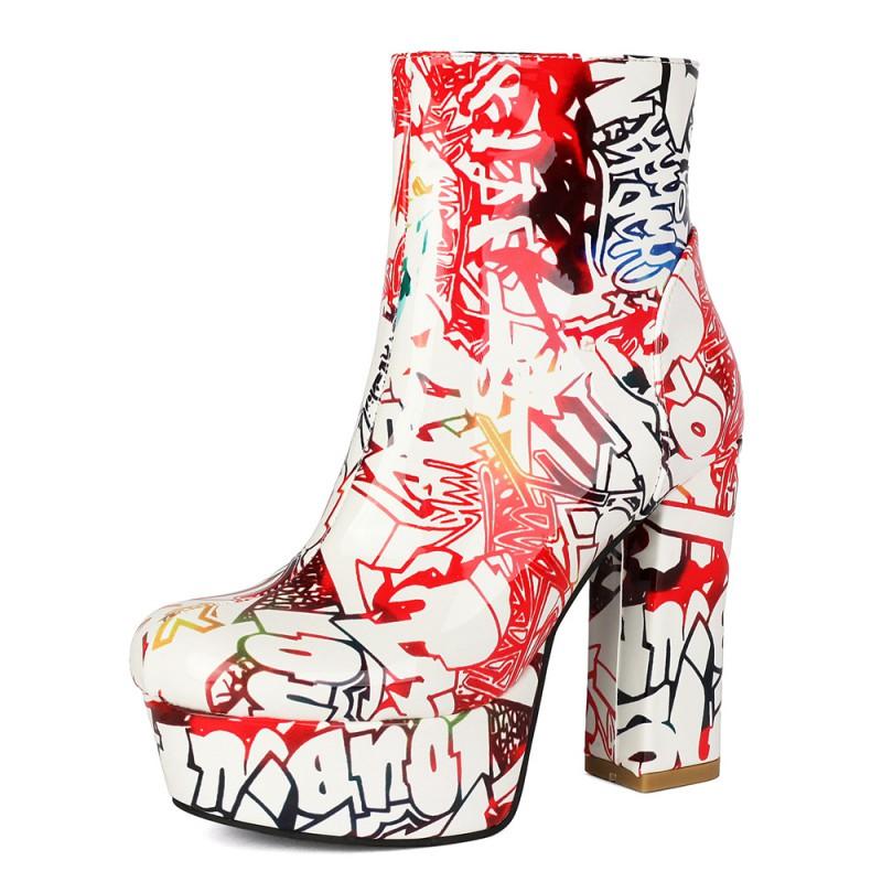 Womens Short Boots Graffiti Print Square Heel Thick Side Zip Ankle Size 34-43