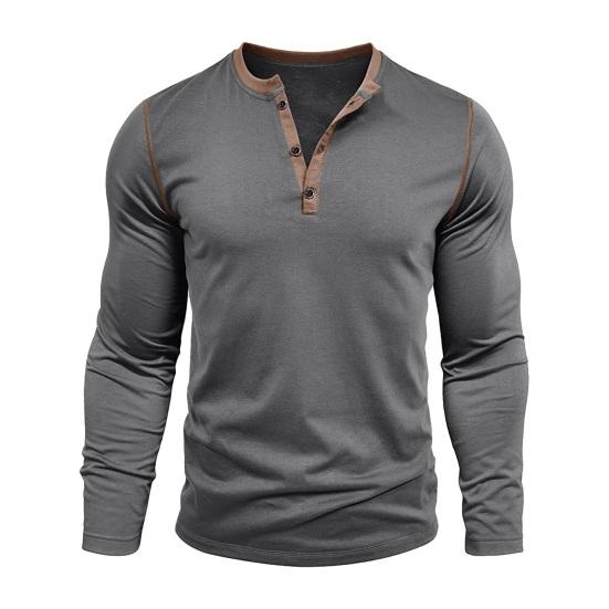 Fall Spring Men Shirt Buttoned Stand Collar Color Matching Pullover Slim Fit Mid Length Casual Daily