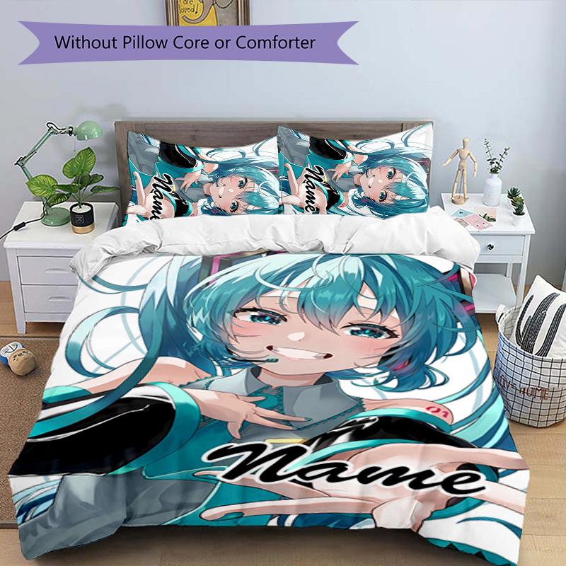 Set Copripiumino Hatsune Miku 3 Pezzi - Nome Personalizzato, Biancheria da Letto Stampata HD con 1 Copripiumino e 2 Federe - Perfetto per l'Arredamento della Casa, Facile da Curare
