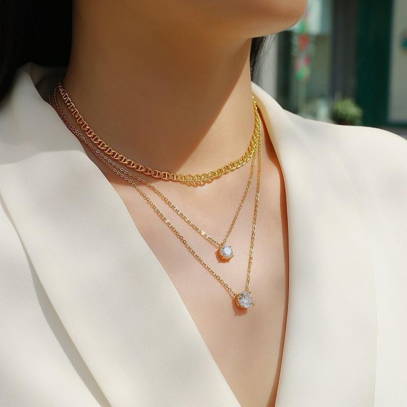 Elegant 3-Layer Sterling Necklace With Moissanite Stones Long Chain Women Minimalist Ins Style