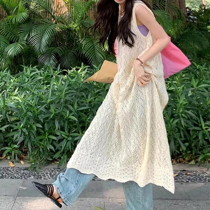 Fashion Knitted Cardigan Sleeveless Lace Dress Retro Hollow Out Sun Protection Women Cross Covers Up Summer Elegant Top Thin Korean Shirt Clothing