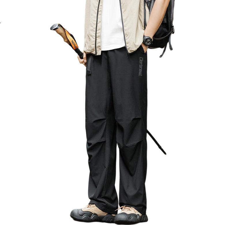 CLOR American-Style Paratrooper Pants for Men, Spring And Summer Breathable Loose Cargo Ice Silk Casual Straight-Leg Trousers, CL09 Black, Size S