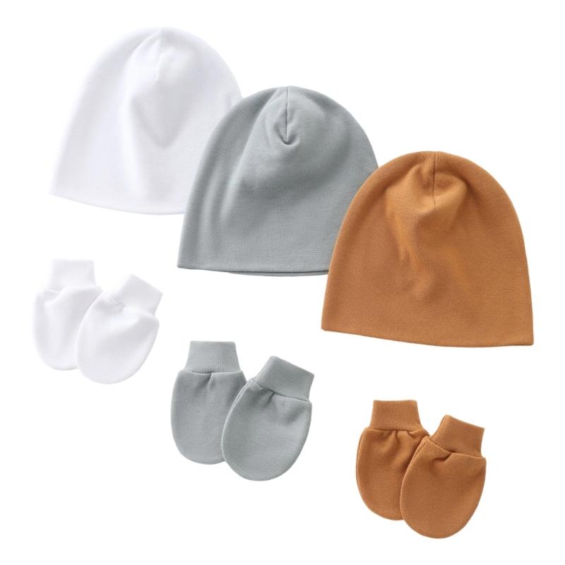 3 Set Baby Bonnet Caps Newborns Fetal Hat Fashionable Brimless Hat Trendy Headgear with Soft Anti-grab Mittens Gloves