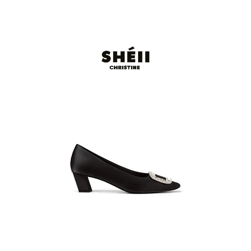 

Овчина квадратный носок квадратная пряжка стразы высокие каблуки женские атласные толстый каблук туфли-лодочки ol для работы банкет свадебные туфли 40