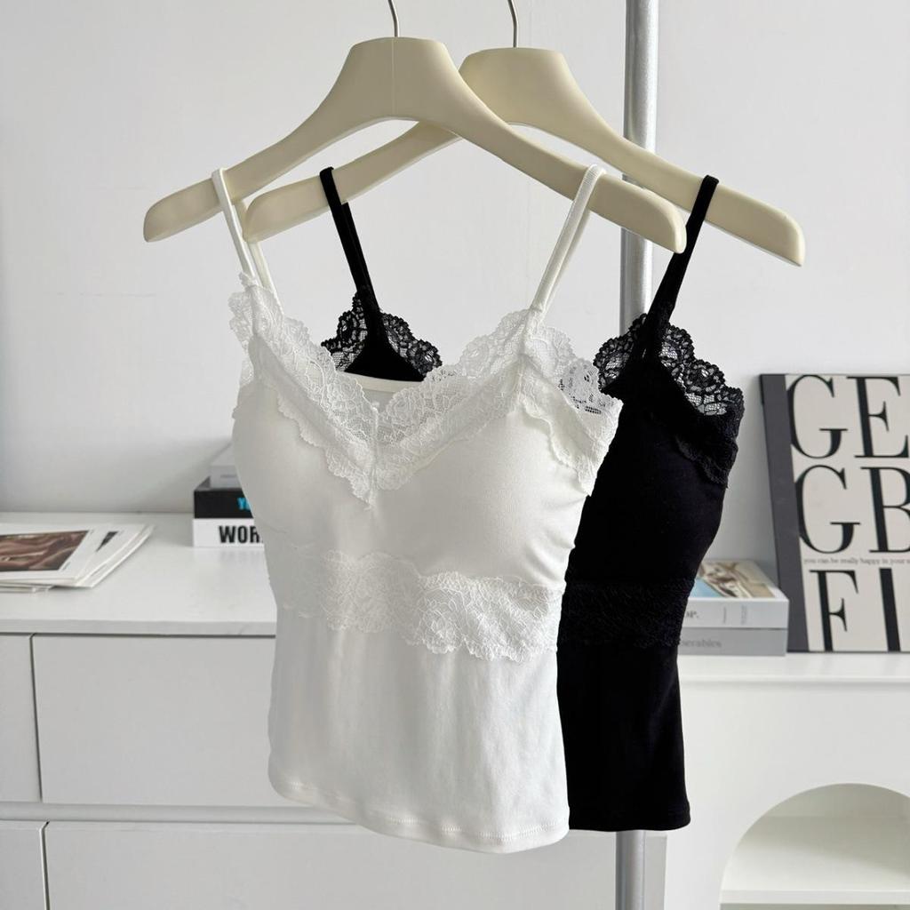 Elegant White V-Neck Lace Camisole with Chest Pad for Women