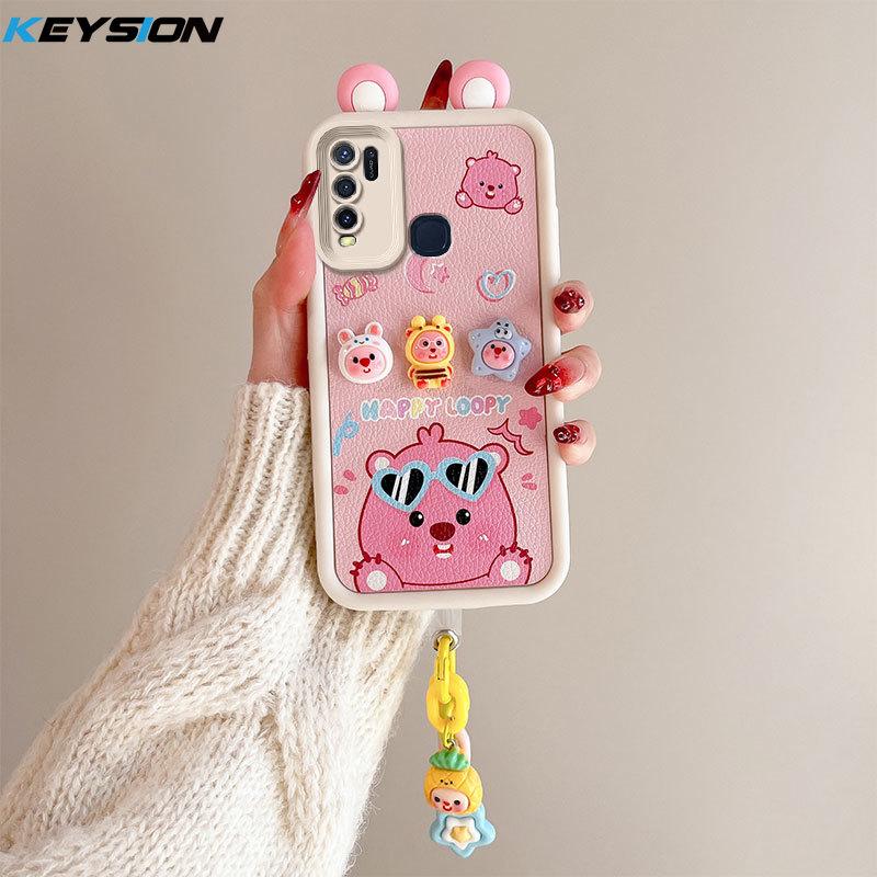 KEYSION Cute Ear 3D Cartoon Case for VIVO Y50 Y30 with Bracelet Soft Silicone Shockproof Phone Back Cover for VIVO Y30 Y50