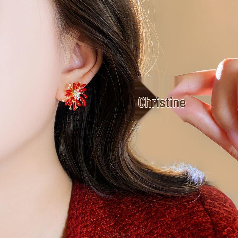Silver Needle Drip Oil Diamond Fireworks Earrings - Retro Hong Kong Style, Versatile Studs with Light Luxury Niche Design for Women.
