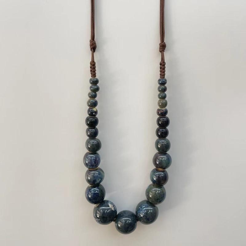 Big Vintage Ceramic Beaded Necklace For Women Handmade Long Adjustable Boho Ethnic Style Jewelry