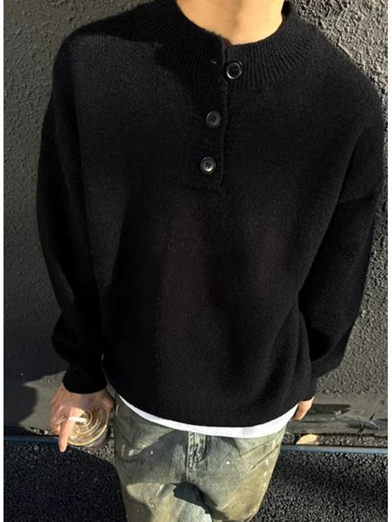 Men's Black Embroidered Henley Sweater - Cozy, High-End Knitwear for Autumn/Winter, Perfect Solo or as a Layer