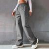 Damen Cargohose mit elastischem Bund, weites Bein, einfarbige Hose, lässige Jogginghose mit seitlicher Klappentasche