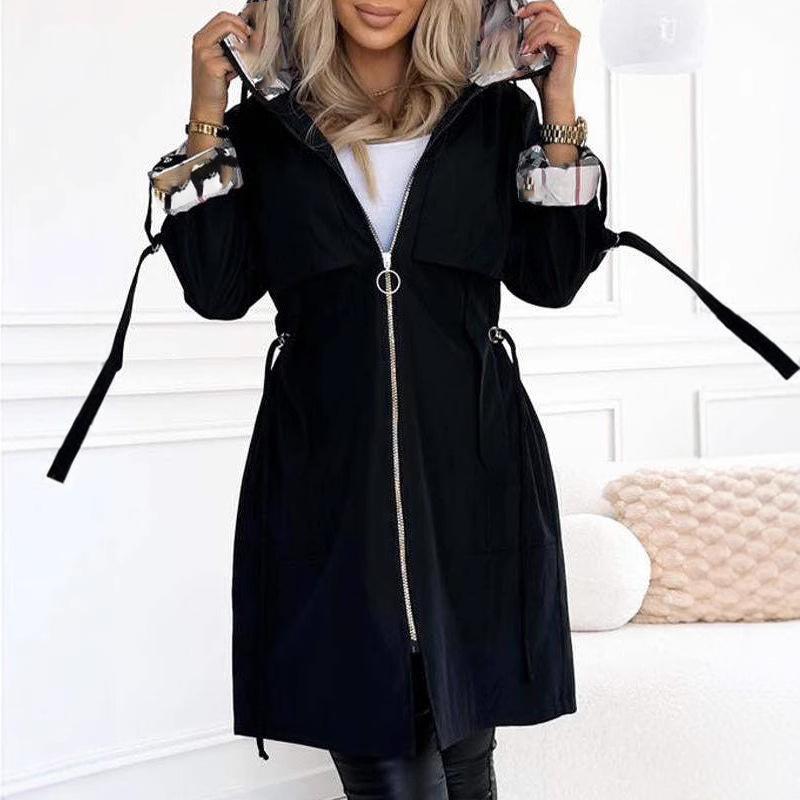 Fashion Trench Coat Woman Autumn Winter Solid Color Versatile Casual Street Style Cardigan Long-sleeved Hooded Plaid Outerwears