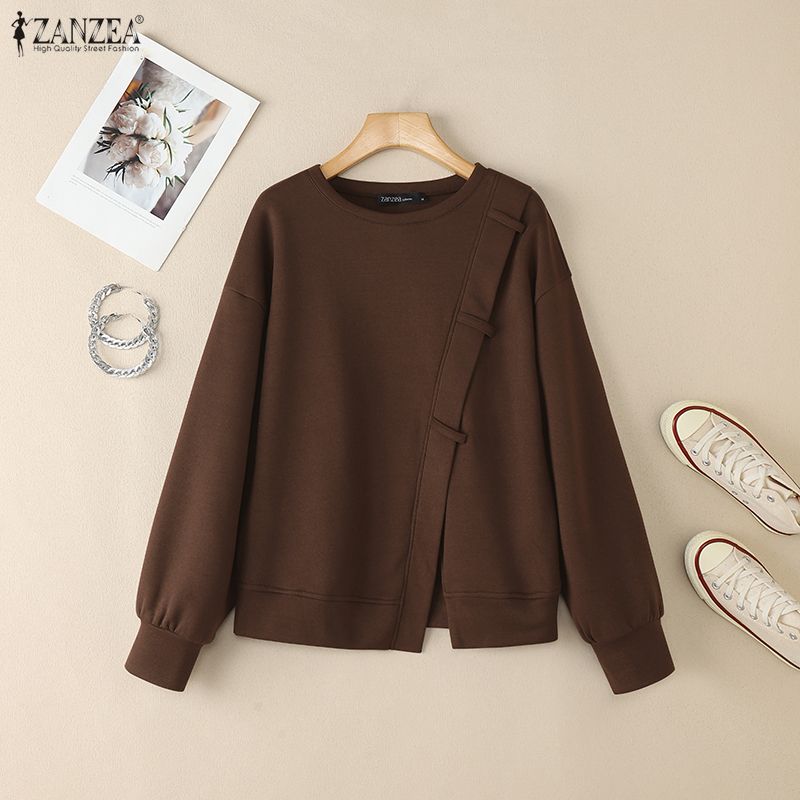 ZANZEA Women Casual Round Neck Long Sleeve Pullover Sweatshirts
