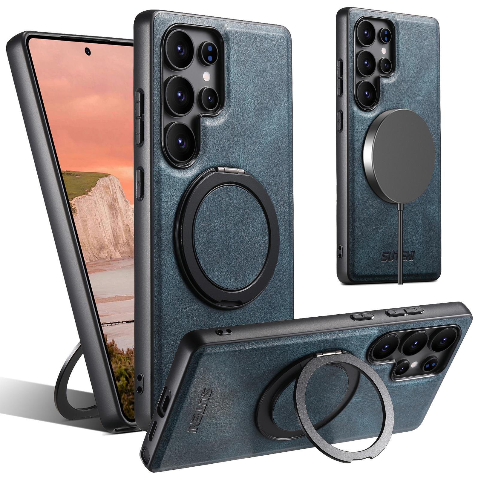 

SUTENI G3 Чехол для Samsung Galaxy S23 Ultra Совместимый с MagSafe Восковая текстура Вращающаяся на 360° подставка Кожаная задняя крышка для телефона Blue