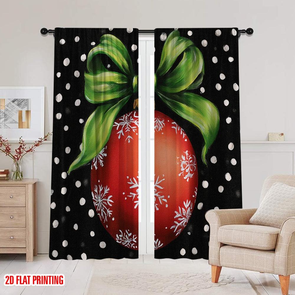 2pcs,2D plane printing Popular Curtain Panels Xmas Ball Polyester Easy Install (without rod) Home Decor Perfect for Bedroom,
