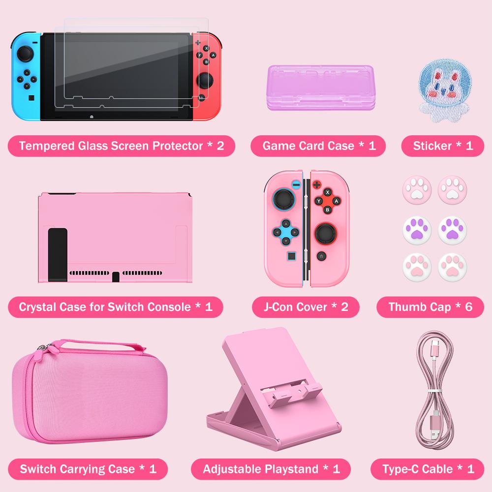 

Сумка для хранения Switch 16 в 1 Аксессуар для консоли Switch с чехлом для переноски Switch, защитным чехлом, защитной пленкой для экрана, регулируемой подставкой розовый