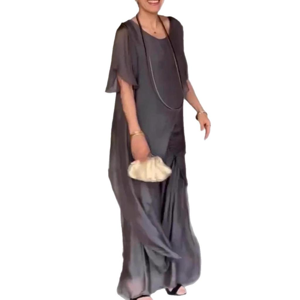 Damen 2025 Europäischer & Amerikanischer Chiffon Locker Unregelmäßig Langes Oberteil & Hosenanzug