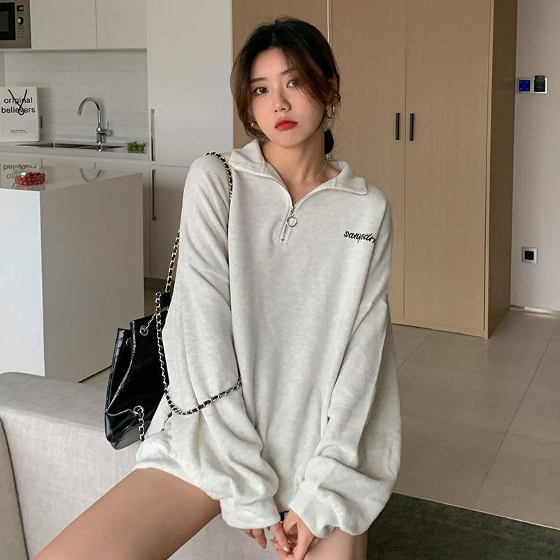Fleece oversize loose medium and long stand-up neck sweater women's clothing autumn and winter warm zipper long-sleeved jacket top tide