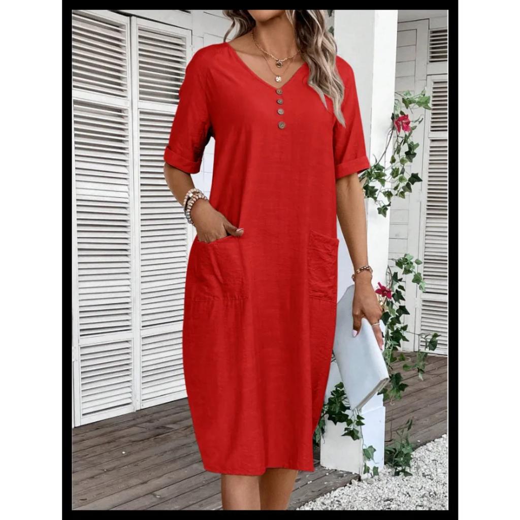 LYRIA Women's Cotton Linen Short Sleeved Dresses Loose And Comfortable Vacation Dress For Women