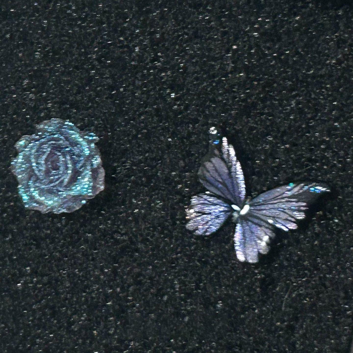 Cool Blue-Purple Glitter Butterfly Rose Asymmetrical Stud Earrings