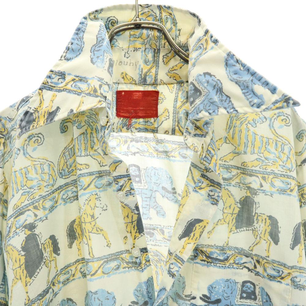 Sears 70s Animal Pattern Long sleeve shirt M Ivory system Old vintage Men's Used