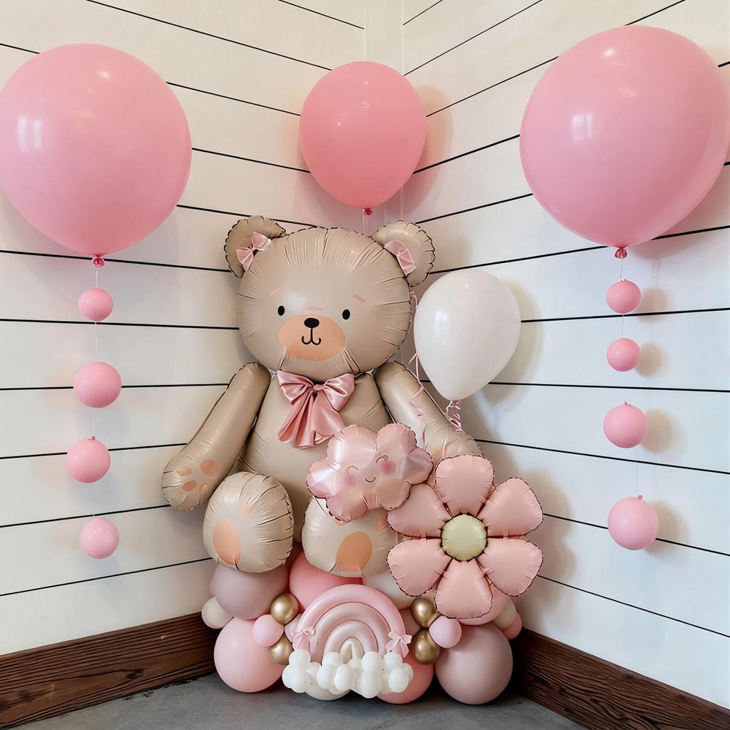 Bow Bear Balloon Set with Pink Daisy Balloon Cloud Aluminum Film Balloon for Birthday Party Shower Proposal Wedding Decoration