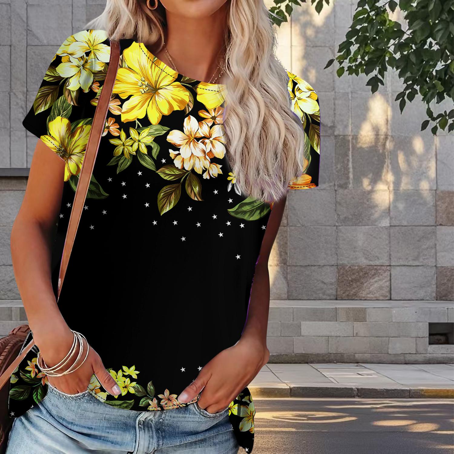 

Женская летняя футболка с цветочным принтом в стиле ретро, футболки с коротким рукавом, повседневные топы с принтом XL жёлтый