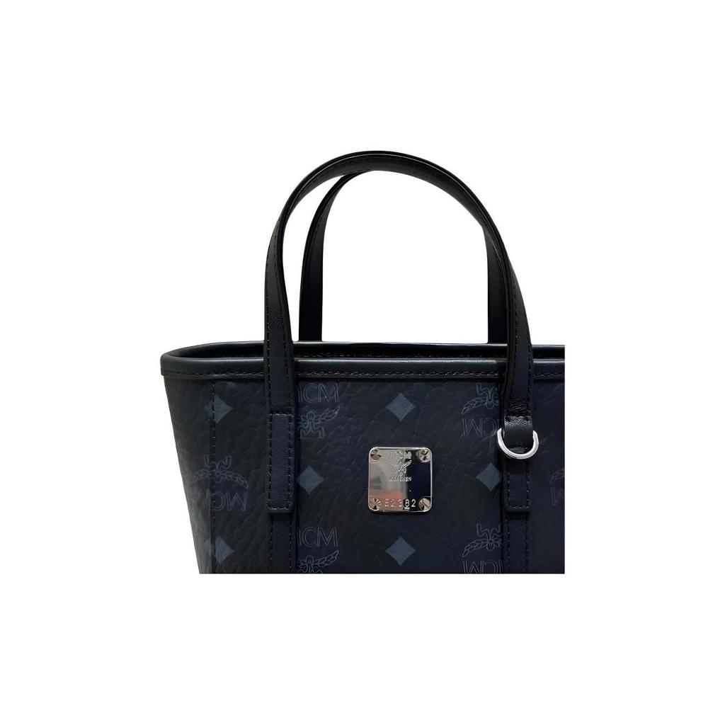 MCM Black Visetos Monogram Mini Tote Bag with Top Handles & Detachable Strap for Daily & Casual Use