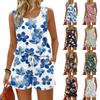 Women's Summer Casual Two Piece Set Floral Print Sleeveless Tank Top with Square Neck and Drawstring Waist Shorts with Pockets