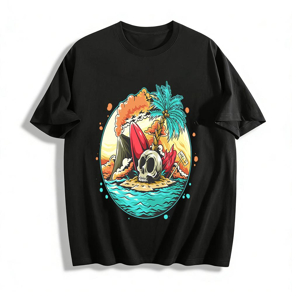 Skull Volcano Island Surfing Graphic Casual Tee Pure cotton T-shirt XXS