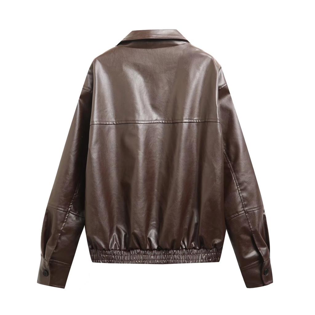 Cross-border foreign trade European and American women's clothing autumn and winter new pocket decoration PU leather imitation leather lapel solid