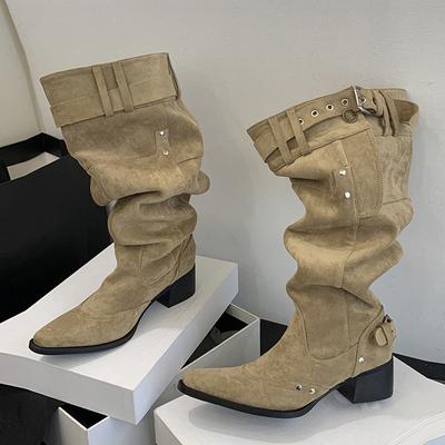 Western Style Fashion Buckle Strap Cowboy Boots Women Pointed Toe Autumn Winter Knee High Shoes Low Thick Heels Booties
