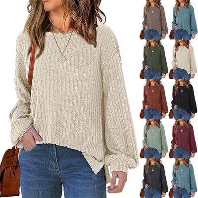 Women's Fashion Loose Round Neck Casual T-Shirt Long Sleeve Solid Color Top