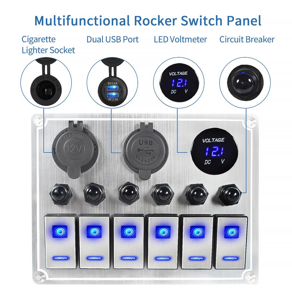 Metal 4/6 Gang with Car Boat Overload Protector Switch Panel Marine Led Rocker Switch Panel Digital Display Toggle Switches
