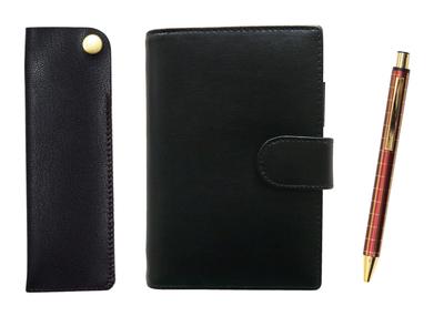 B7 Cowhide Mini System Organizer and Horizontal Snap Pen Case with a Thick Metal Straight Knock and Double Anodized Lattice Ballpoint Pen Set