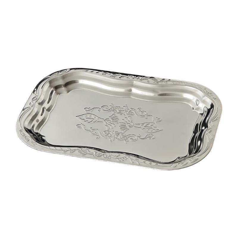 Elegant French Style Metal Tray Engraved Floral Pattern For Serving Snacks Fruits And Appetizers In Homes Or Restaurant